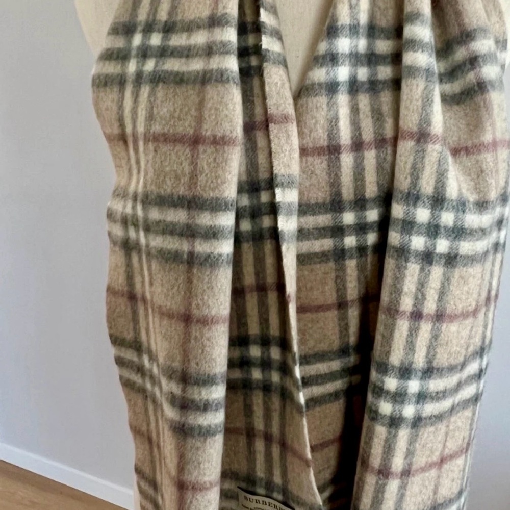 Burberry Beige Plaid Wool Cape with Taupe and Maroon Checks